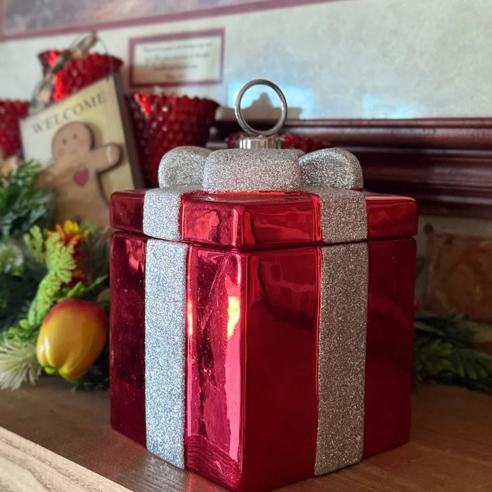 Festive Red Gift Box Ornament with Silver Bow - Holiday Home  Cookie Jar Decor